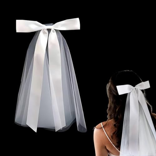 CJZZ Schleier Braut Mit Schleife, Weiß Brautschleier, für JGA Junggesellinnenabschied Hochzeit Zubehör Schleier