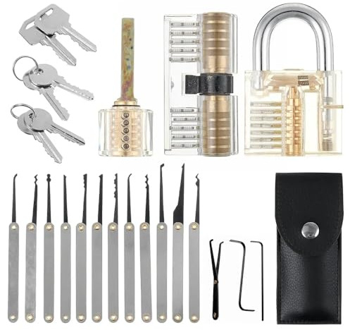 12-teiliges Dietrich mit 3-teiligem transparentem Übungsschlössern Pickset Werkzeugsystem Training Skill Set, Professionelle Schlosserwerkzeuge Picking Picker