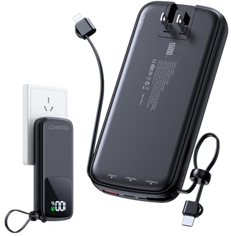 LOVELEDI Portable-Charger-Power-Bank - 15000mAh Power Bank Supports PD 30W Fast Charging Built-in AC Wall Plug and 2 Output Cables with LED Display for iPhone iPad and Most Electronic Devices(Black)