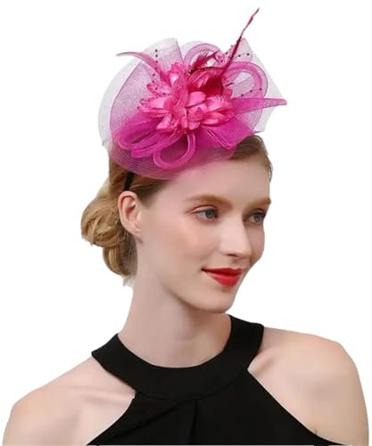 Hgvcfcv Damenhut mit Blumenmuster, Schleifen, Federn, Fedoras, Hut, Stirnband oder Cliptea-Party-Headwewar für Mädchen, rosarot, One size