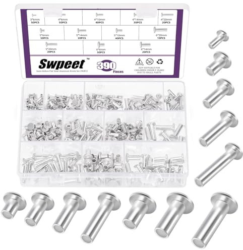 Swpeet 390Pcs 12 Sizes M3 M4 M5 M6 Aluminum Flat Head Semi Tubular Rivets Assortment Kit, Round Flat Head Semi Tubular Rivets in Silver Tone for Craft Repairs and Decoration