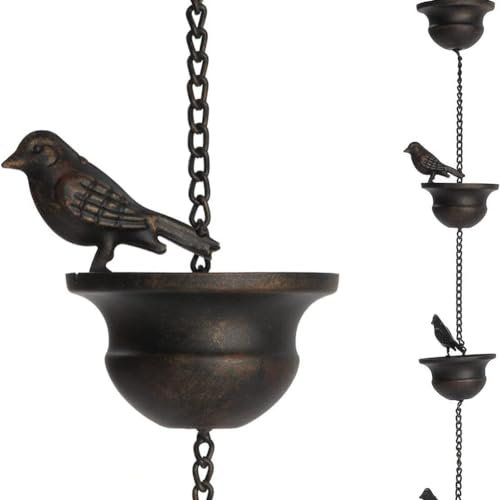 QUR Regenketten für Dachrinnen, Mobile Vögel auf Bechern, Regenspiele, 2,44 M Lange Regenspiele mit Befestigtem Aufhänger und Vögeln, 2 Stück