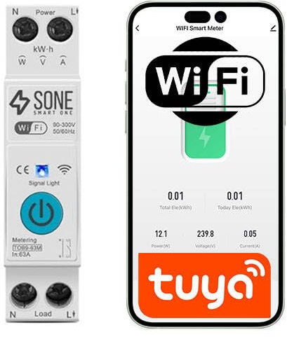 Sone Smart One Interrupteur WiFi Rail DIN 16A avec Compteur d’Énergie | Tuya Smart Life, 90–300V, courant d’appel 63A, minuterie, Alexa Google