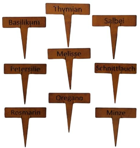 9-teiliges Kräuterstecker-Set Metall rost - Hochbeet Kräuterbeet & Gewächshaus Kräuterschilder für Garten und Balkon - Witterungsbeständige Metall Pflanzenschilder Kräutergarten 16 x 16 cm