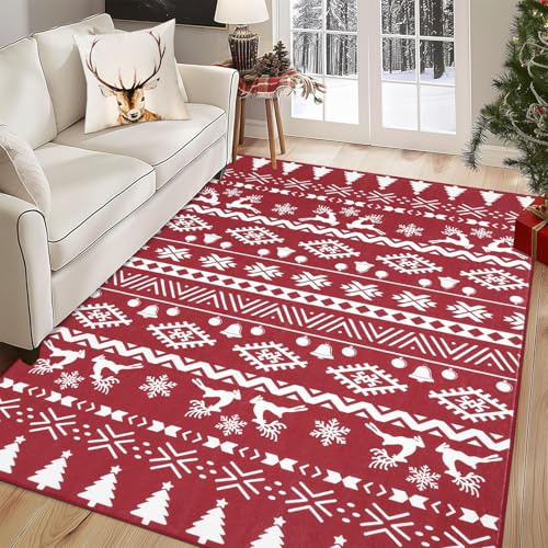 Enyhom Alfombra Grande y Moderna de Navidad, Lavable a máquina, diseño de árbol de Navidad, Alce, Copo de Nieve, Antideslizante, Suave, Alfombra de Interior de Pelo bajo, Alfombra Decorativa de