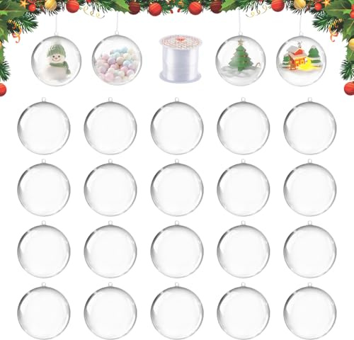 6CM Boules de Noel Transparentes à Remplir, dellyy 20 Pièces Boules Transparentes à Remplir, Boule Noël Transparente à Remplir, Boule de Décoration en Plastique DIY Déco avec 50 Mètres de Corde