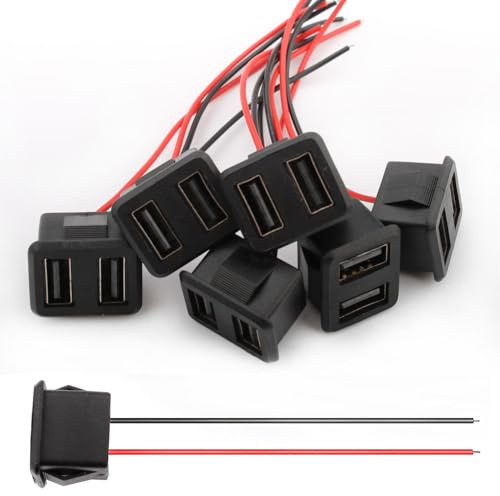 VISSQH 6 Stück USB Typ A Buchse Mit Schnappnut Schnalle, 3A 2 Polige Stecker Löten, 2-Draht Einbaubuchse, 22AWG Female Kabel, Buchse Für Panelmontage (Doppelt)