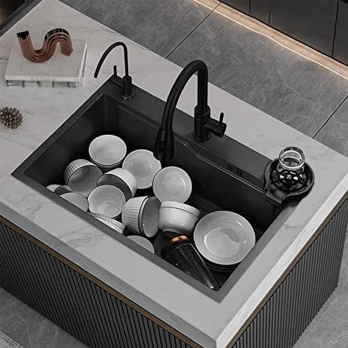 GODFSAHG Küchenspüle, Nano-Spüle aus Edelstahl 304, mit ausziehbarem Wasserhahn, Einzelbecken, große Spülen mit Zubehör, Tassenwaschbecken (Farbe: Schwarzgrau, Größe: 75 x 45 cm)