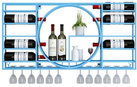 Weinregal Wand Metall Flaschenregal Schmal Wine Rack Bar Regal Wand Weinschrank Hausbar Barschrank mit Weinglashalter Weinständer Getränke Regal Vitrine Hängend für Esszimmer Bartheke Wohnzimmer(Blauw