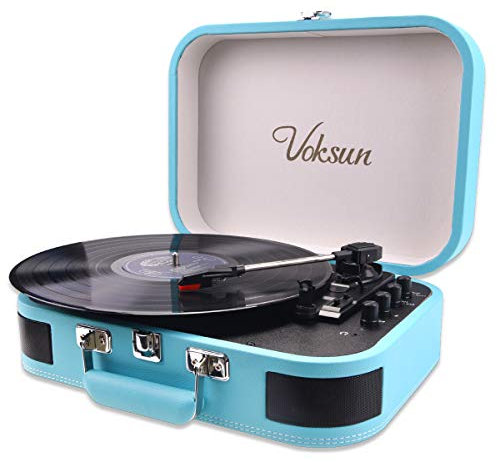 giradischi Vinili, Giradischi Bluetooth VOKSUN con Altoparlante, Trasmissione a Cinghia 33/45/78 Giri/Min, Custodia, Funzione Vinile-MP3/USB/Aux-In/RCA (Blu)