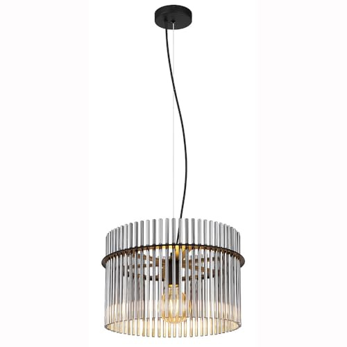 LED Hängeleuchte Pendellampe Wohnzimmerlampe Esszimmerleuchte Deckenleuchte, Metall schwarz Glasstäbe rauchfarben, 1x LED E27 warmweiß, D 40 cm