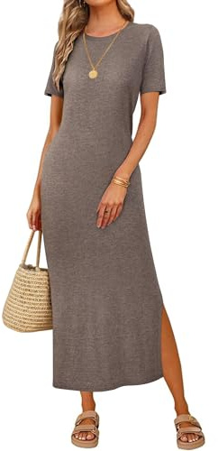 Arach&Cloz Womens Summer Wool Blend T Shirt Maxi Dress 2026 Spring Casual Short Sleeve Crew Neck Slit Fashion Sweater Knit Long Dresses Trendy Travel Vacation Outfits Coffee S