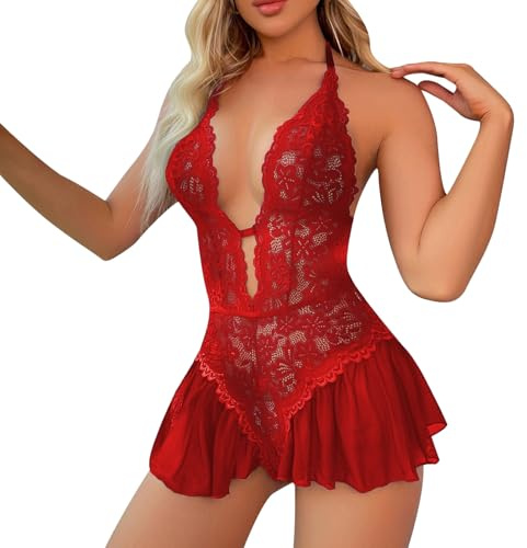 AWAVM Floral Lace Teddy Bodysuit Halter Deep V One Piece Backless Nightwear, Sexy Babydoll Lingerie for Women Naughty (Red, One Size)
