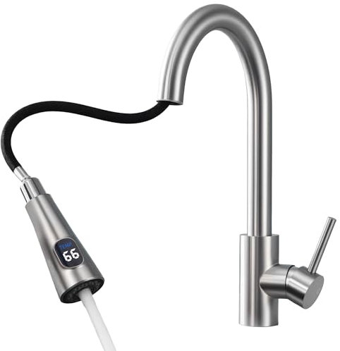 HOMELODY Grifo de cocina con indicador LED de temperatura, grifo de cocina extensible giratorio 360°, alta presión, grifo de fregadero con 2 tipos de chorro, fácil instalación