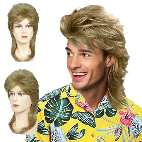 FOUNSHO Parrucca Biondo Chiaro Mullet per Uomo Donna, Anni '80 Anni '70 Costume Hippie Cosplay Mullet, Lunghi Riccia di Parrucca Anni '90 Rocker Parrucche per Costume Halloween Feste (Biondo Chiaro)