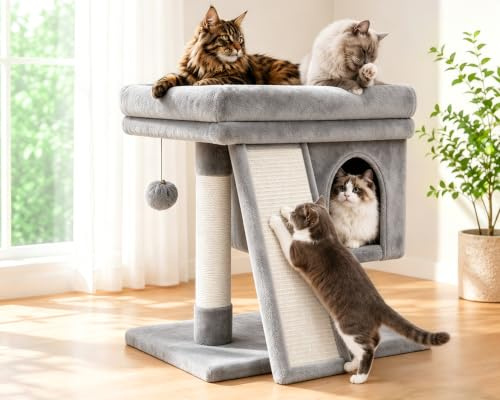 LEEJARD Kratzbaum klein für große Katzen XXL - 60cm hoch, Katzenbaum mit extra großer Plattform (40x50cm) & Kratzrampe, Stabiler Katzenturm für Senioren. Katzenbürste & Spielball