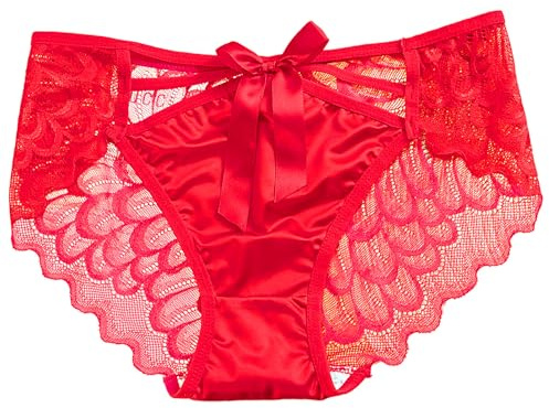 ZooChest Satin Knickers Panties for Women Sexy Red Lace Underwear Lingerie Briefs Low Rise Bow Criss Cross See Through Sissy Clothes