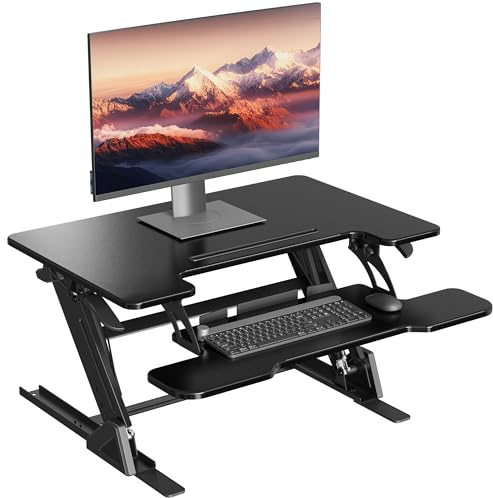 BONTEC Scrivania Regolabile in Altezza, Scrivania Stand-Up con Sistema a Molla Doppia, Riser per Scrivania per Monitor Doppio, 81.3cm x 52.2cm, Capacità 15kg, Facile da Assemblare, Design Salvaspazio