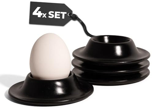 MIAMIO – Juego de 4 Hueveras de Cerámica, Soportes para Huevos de Gres con Bandeja para Cáscaras Calidad Restaurante – Aptas para Lavavajillas (Negro)