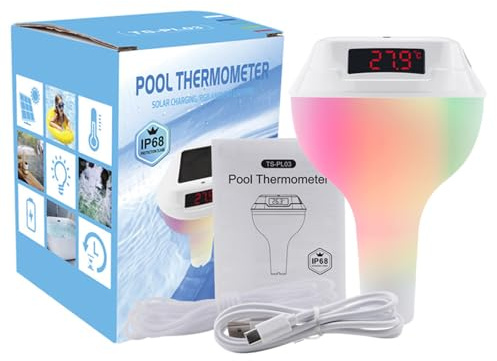 Termómetro de Piscina Inalámbrico Solar con Monitor Interior Para Piscina,Termómetro Piscina con Luces de Cambio de Color, Termómetro de Agua Para Piscinas, Jacuzzis, Spa, IP68 Impermeable,Blanco
