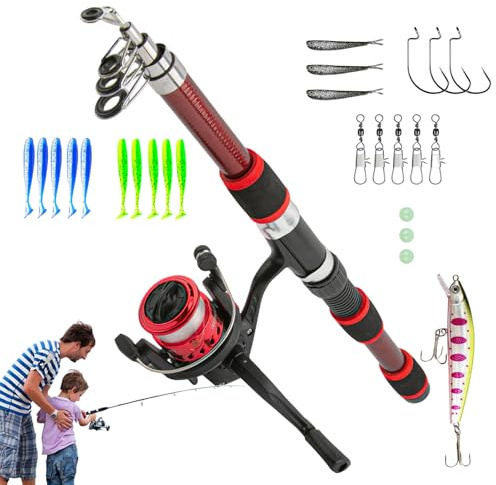 Angelset Für Kinder, 1.8m Kinderangel Starter Set, Angelrute Set Kinder Mit Angelrolle Und Köder Set, Kohlefaser Teleskop Angelruten Und Rolle, Angel Zubehör, Kinderangel Starter Set
