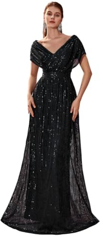 Giffniseti Women's V Neck Sequin Ball Gown Formal Maxi Dress A-Line Prom Evening Party Gowns Black
