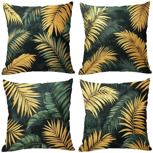 Fodere Cuscini da Esterno Impermeabili, Foglia Federe Cuscini Divano 70x70 Quadrate Set di 4, Doppia Faccia Stampa Lino Cushion Covers Verde Cerniera Invisibile per Aesthetic Room Decor, Regalo Z-871