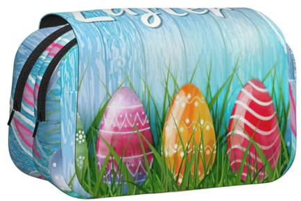 Trousse à crayons multifonction en toile avec motif œuf de Pâques lapin herbe