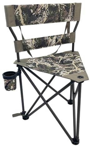 Black Sierra HD Tri-Hunt with Back Hunting Stool, Foldable Tripod Seat w/Steel Frame Supports 300 Lbs, Heavy Duty Fishing Chair Features Cup-Holder & Carry Shoulder Strap, for Camping