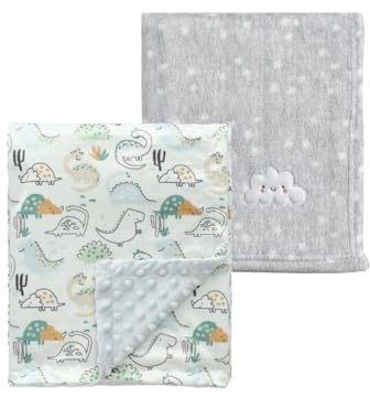CREVENT Lot de 2 couvertures Mignonnes, douillettes, douillettes, Chaudes, pour Nourrissons et Tout-Petits, Linge de lit, lit d'enfant, Poussette, Nuage Gris + Dinosaure 75 x 100 cm