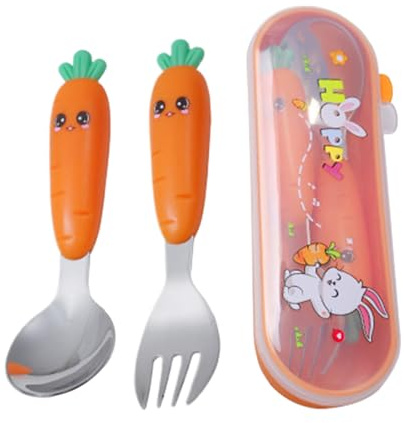 Kleinkindutensilien Set - Edelstahl -Babylöffel, Gabel mit Fall | Fütterungsscheibe für Lebensmittelqualität für Reisen, Restaurants, Familienfeier, Kinder selbstessen, einfache Grip-Silber für Vorsch