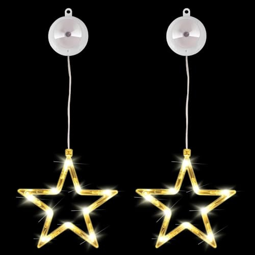JUXINE 2 Stück LED Sterne Weihnachtsbeleuchtung Weihnachten Led Stern 10 LED Lichtervorhang Warmweiß Batteriebetriebene mit Saugnäpfe für Weihnachten Party Balkon Deko