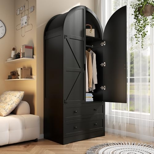 Gyfimoie 74.8 Black Armoire Wardrobe Closet with 2 Drawers and 2 Doors, Tall Bedroom Freestanding Armoire Storage Cabinet with Shelves, Wood Large Wardrobe Combination for Hanging Clothes (Black)