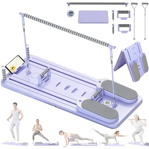 Exhilppy Portable Pilates Reformer Board, Foldable Home Pilates Board kit with Phone Holder and Timer, 8-in-1 Multi-Functional Reformer Pilates Machine ,Purple a