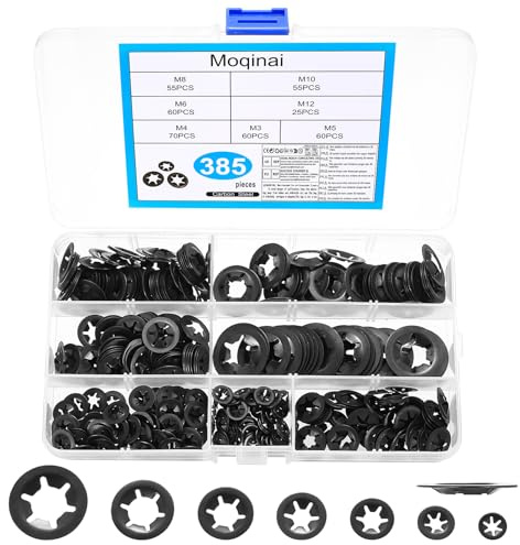 385 Pièces Rondelles de Sécurité, Anneaux de Retenue Intérieure, Rondelles Dentées Métalliques, Clips de Verrouillage Étoile, Assortiment M3 M4 M5 M6 M8 M10 M12