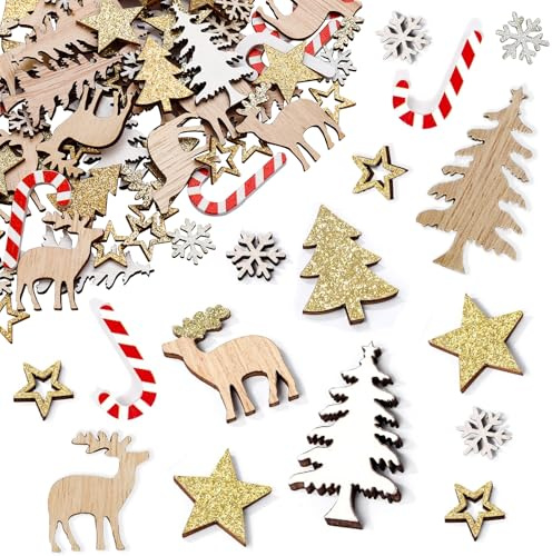 GoldRock 108 Stück Streudeko Weihnachten Holz Konfetti,Glitzer Tischdeko Weihnachten,Weihnachts Dekoration mit Stern,Schneeflocke,Rentier,Weihnachtsbaum,Weihnachtsdeko Kleinteile für Basteln,Geschenke