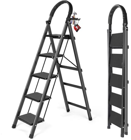 5-Stufen-Leiter, Leitern für Zuhause, rutschfeste Pedale, Aluminium-Tritthocker, faltbar, leicht zu bewegen, einfache Lagerung, tragbar für Schrank, Küche, Bibliothek, hält 300 Pfund (5-Stufen-Leiter)