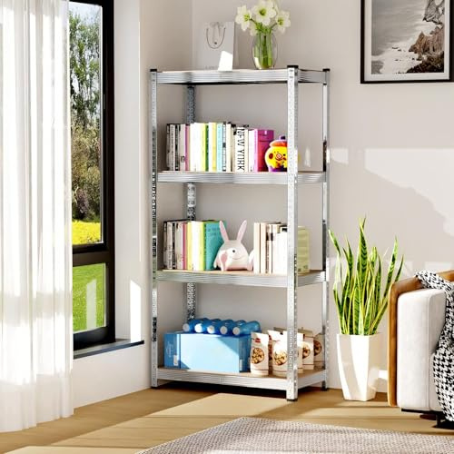 OHMG Étagère de Rangement à 4 tablettes réglables en Hauteur, Charge Max. 800 kg, Chromé,en MDF avec Cadre Métallique,Étagère Charge Lourde,pour Garage Atelier Cuisine Salon