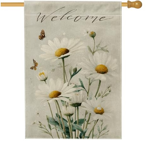 Bandera de crisantemo para casa, diseño de mariposa natural de primavera, color blanco, arpillera de doble cara, banderas decorativas para patio al aire libre, césped, entrada, campamento, 28 x 40