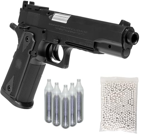 Pistola Softair 1911 Co2, Bundle Completo: Pistola a Pallini, 5 bombolette Co2, 1000 Pallini 6mm - Airsoft, Pistole Softair, colore nero, potenza 0,8 joule