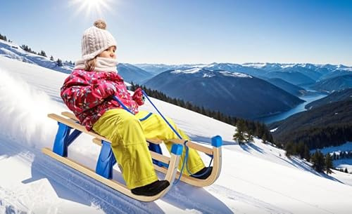 Slittino in legno - Slitta da neve - Slittino pieghevole - Con cordino e pinza per palle da neve - Lacci in acciaio - Portata 130 kg - Senza schienale