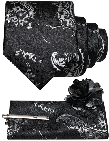 JEMYGINS Schwarz Basierte Krawatte Set Herren Einstecktuch Krawattenklammer Ansteckblume mit Barock Muster für Hochzeit Business Party Mehrfarbig