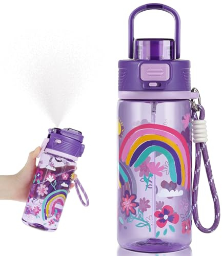 omedecal 20 oz 2-In-1 Mist and Sip Water Bottle for Kids Children, Leakproof Portable Sports Water Bottle for School, Camping, Travel,Kids Water Bottle Misting Spray (Rainbow)