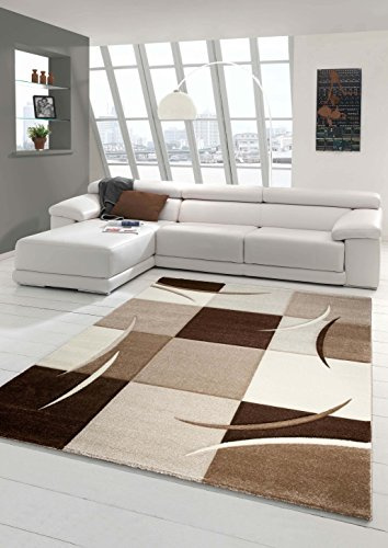 Designer Teppich Moderner Wohnzimmer Kurzflor Mit Konturenschnitt Karo Muster Braun Beige Mocca Größe 120x170 cm