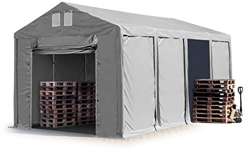 TOOLPORT Carpa almacén 4x8 m Carpa Industrial con 3m de Altura Lateral Lona PVC 850 N Impermeable en Gris con Puerta levadiza