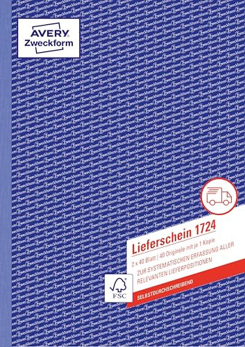 AVERY Zweckform 1724 Lieferschein (DIN A4, selbstdurchschreibend, von Rechtsexperten geprüft, für Deutschland und Österreich geeignet, 2 x 40 Blatt) weiß, gelb