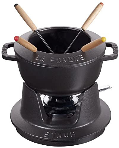 Staub Fondue Set with 4 Forks, Suitable for Cheese, Chocolate and Meat Fondue, Cast Iron, Black, 16 cm