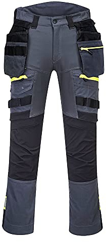 Portwest DX4 DX440 Mens Work Trousers Detachable Holster Pocket Cargo Stretch Fabric Kneepad Pocket Triple Stitched Reflective Workwear Construction Builders Tradesman, Metal Grey, 32