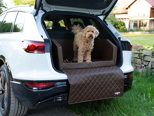 CopcoPet Hundebox Auto Kofferraumschutz Hund mit ladekantenschutz Kofferraum【Mit Tasche】 Kofferraum schutzmatte herausnehmbar - Hunde Autositz mit Anschnallsystem, hundetransportbox 90x70x38cm Braun