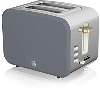 Swan Nordic Wide Slotted Toaster 2 Slice 3 Function 6 Levels Modern Design Stainless Steel Wood Effect Handle Slate Grey